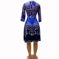 Deep V-neck Blue Printed Half Sleeve Pleated A-line Women Casual Dress